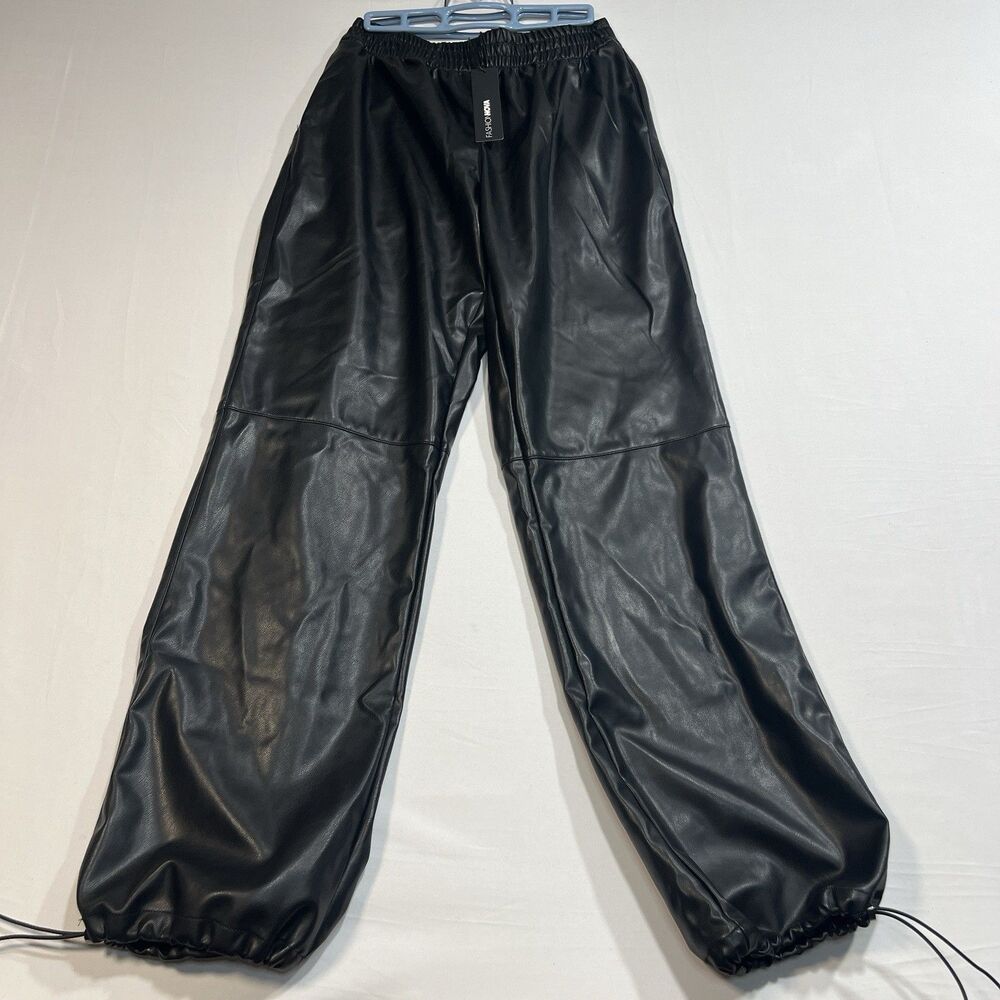 Fashion Nova Dana Faux Leather Joggers Black High Waisted Pants Size S NWT